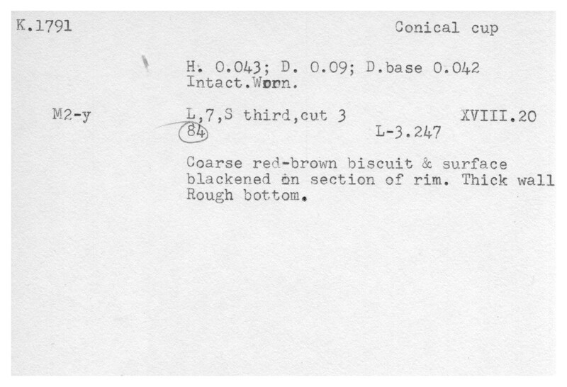 Index card with typed and handwritten information, sometimes including a sketch, of pottery from an excavation.