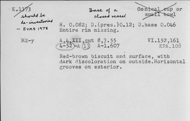 Index card with typed and handwritten information, sometimes including a sketch, of pottery from an excavation.