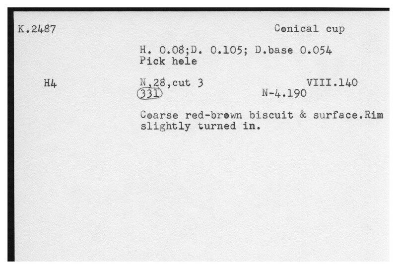 Index card with typed and handwritten information, sometimes including a sketch, of pottery from an excavation.