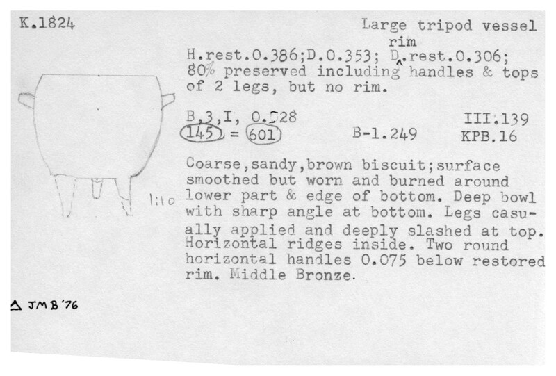 Index card with typed and handwritten information, sometimes including a sketch, of pottery from an excavation.