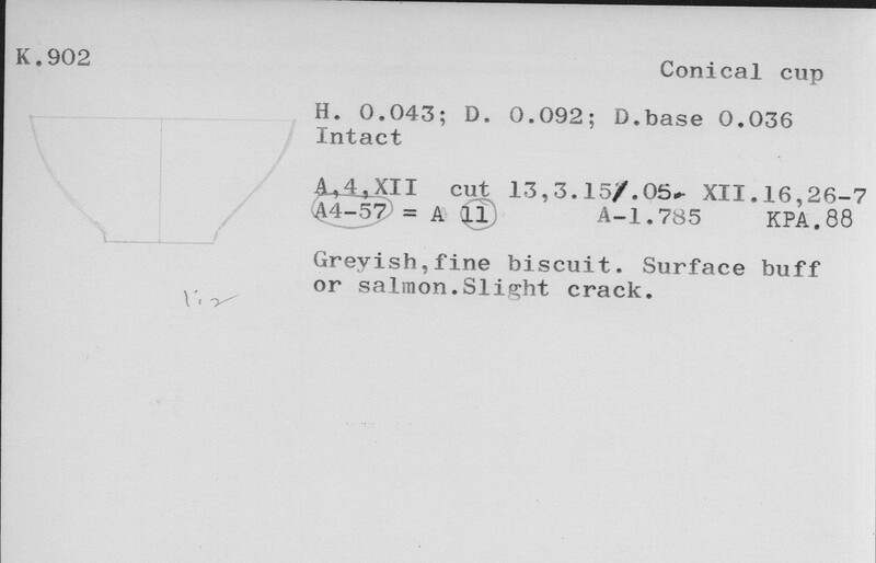 Index card with typed and handwritten information, sometimes including a sketch, of pottery from an excavation.