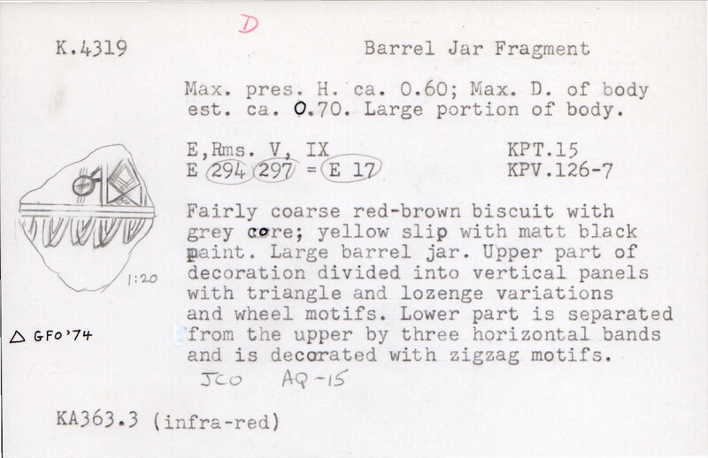 Index card with typed and handwritten information, sometimes including a sketch, of pottery from an excavation.
