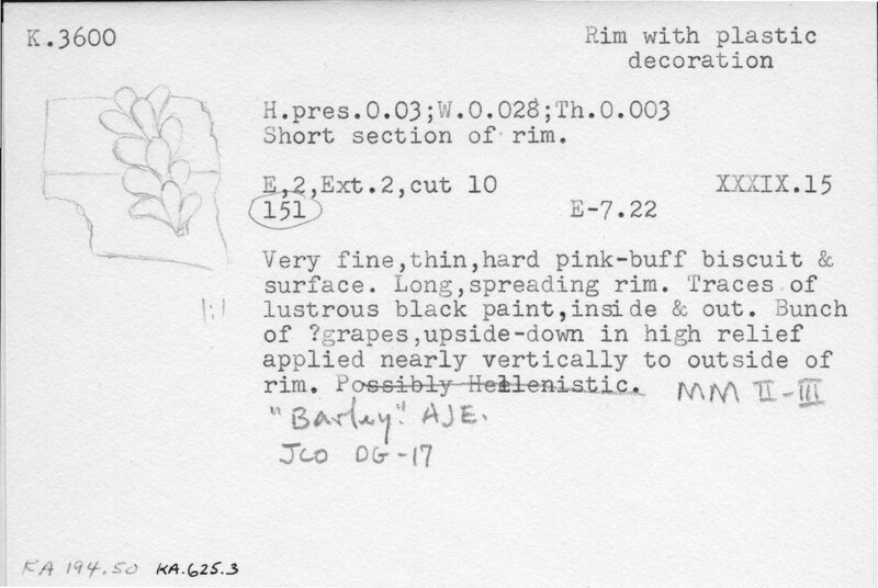 Index card with typed and handwritten information, sometimes including a sketch, of pottery from an excavation.