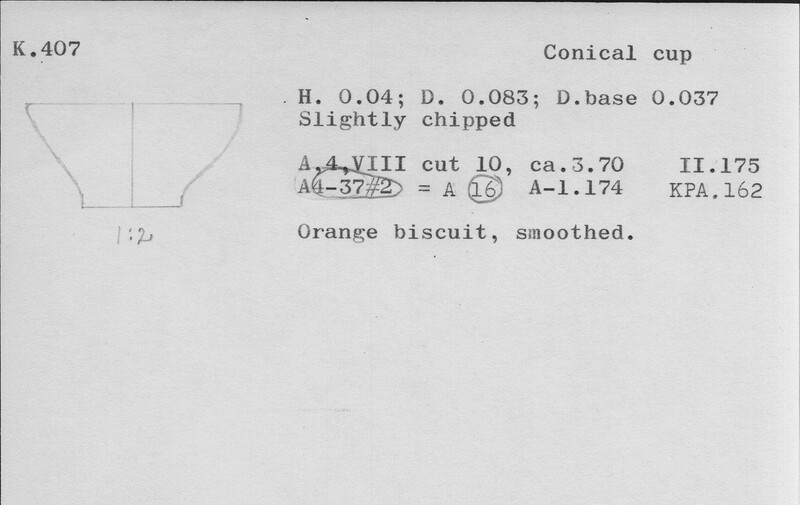 Index card with typed and handwritten information, sometimes including a sketch, of pottery from an excavation.