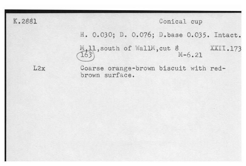Index card with typed and handwritten information, sometimes including a sketch, of pottery from an excavation.