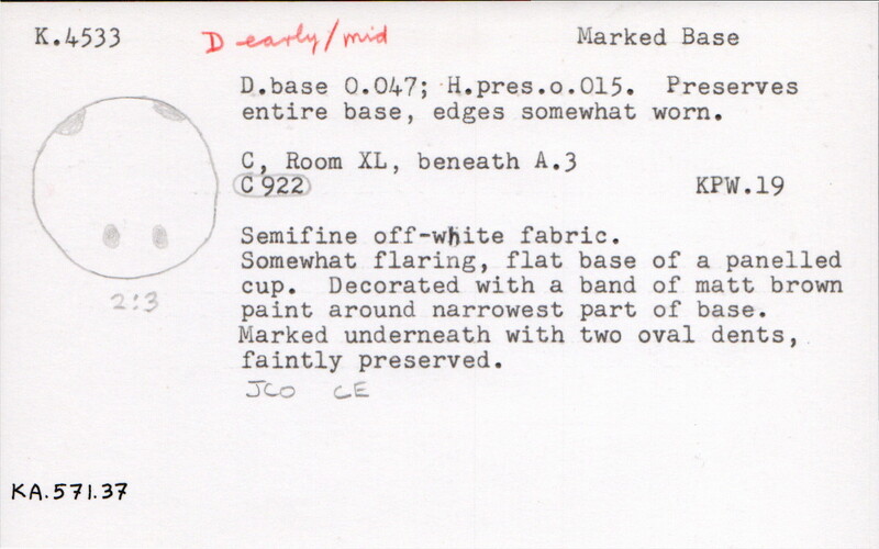 Index card with typed and handwritten information, sometimes including a sketch, of pottery from an excavation.