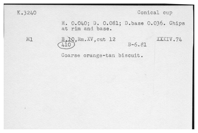 Index card with typed and handwritten information, sometimes including a sketch, of pottery from an excavation.