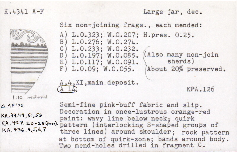 Index card with typed and handwritten information, sometimes including a sketch, of pottery from an excavation.