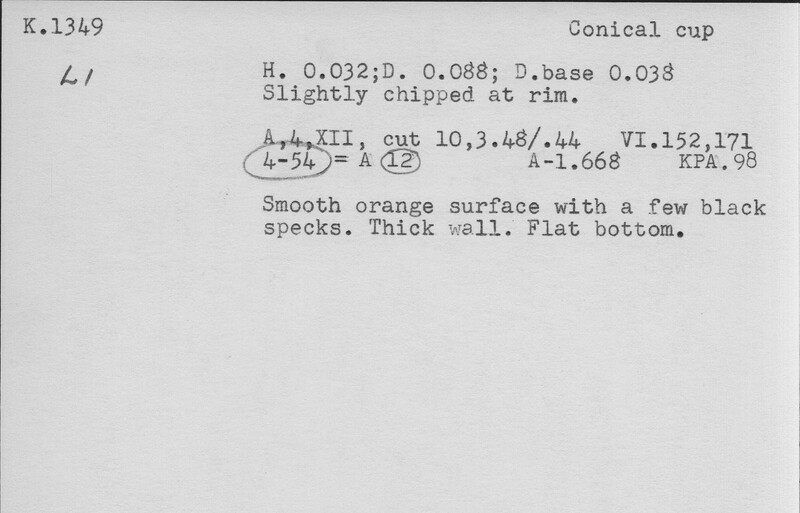 Index card with typed and handwritten information, sometimes including a sketch, of pottery from an excavation.