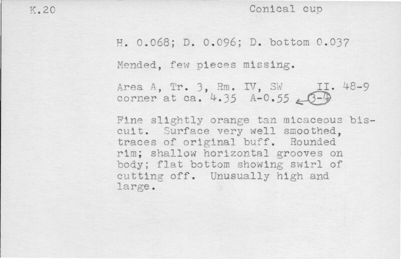 Index card with typed and handwritten information, sometimes including a sketch, of pottery from an excavation.
