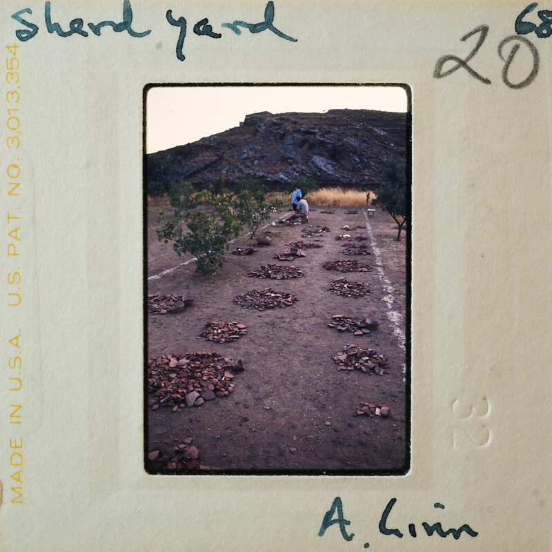 A vintage photograph of a rocky field with piles of stones, possibly indicating agricultural activity.