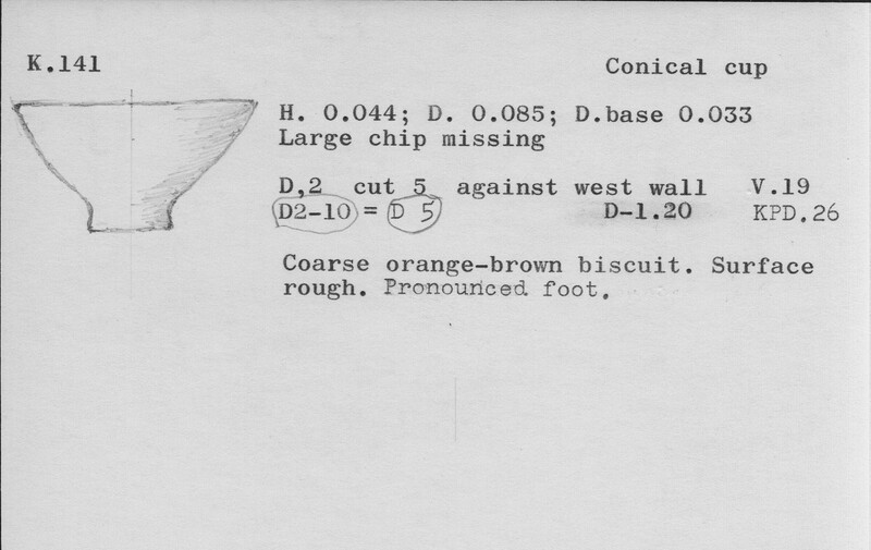 Index card with typed and handwritten information, sometimes including a sketch, of pottery from an excavation.