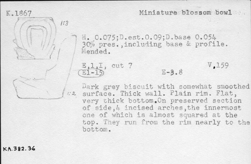Index card with typed and handwritten information, sometimes including a sketch, of pottery from an excavation.