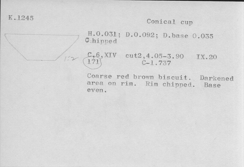 Index card with typed and handwritten information, sometimes including a sketch, of pottery from an excavation.