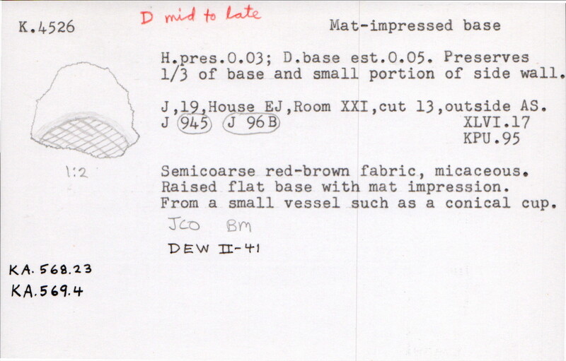 Index card with typed and handwritten information, sometimes including a sketch, of pottery from an excavation.
