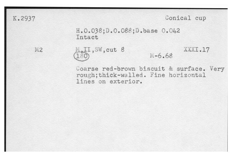 Index card with typed and handwritten information, sometimes including a sketch, of pottery from an excavation.