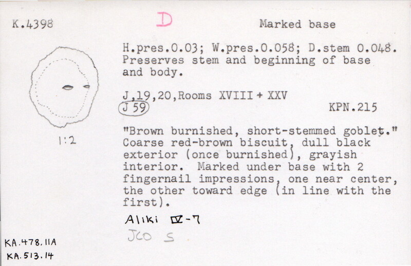 Index card with typed and handwritten information, sometimes including a sketch, of pottery from an excavation.