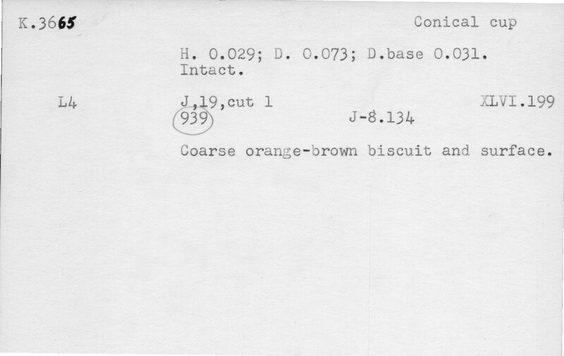Index card with typed and handwritten information, sometimes including a sketch, of pottery from an excavation.
