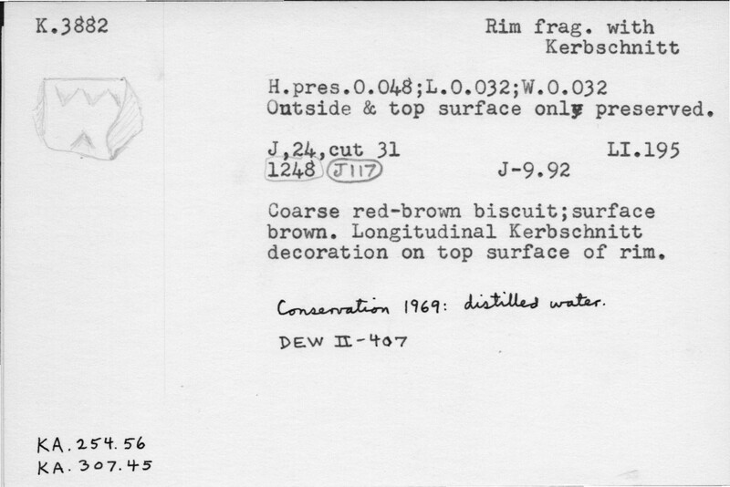 Index card with typed and handwritten information, sometimes including a sketch, of pottery from an excavation.