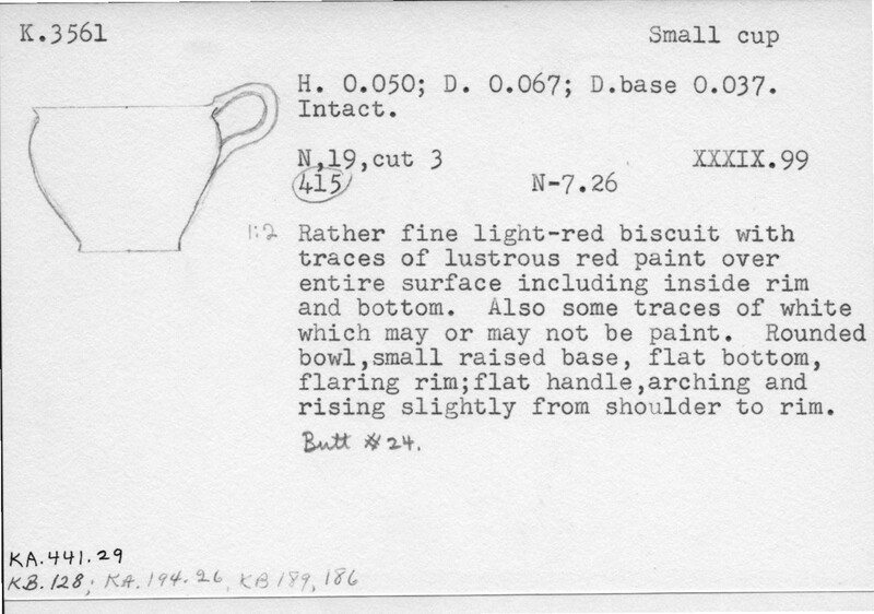 Index card with typed and handwritten information, sometimes including a sketch, of pottery from an excavation.