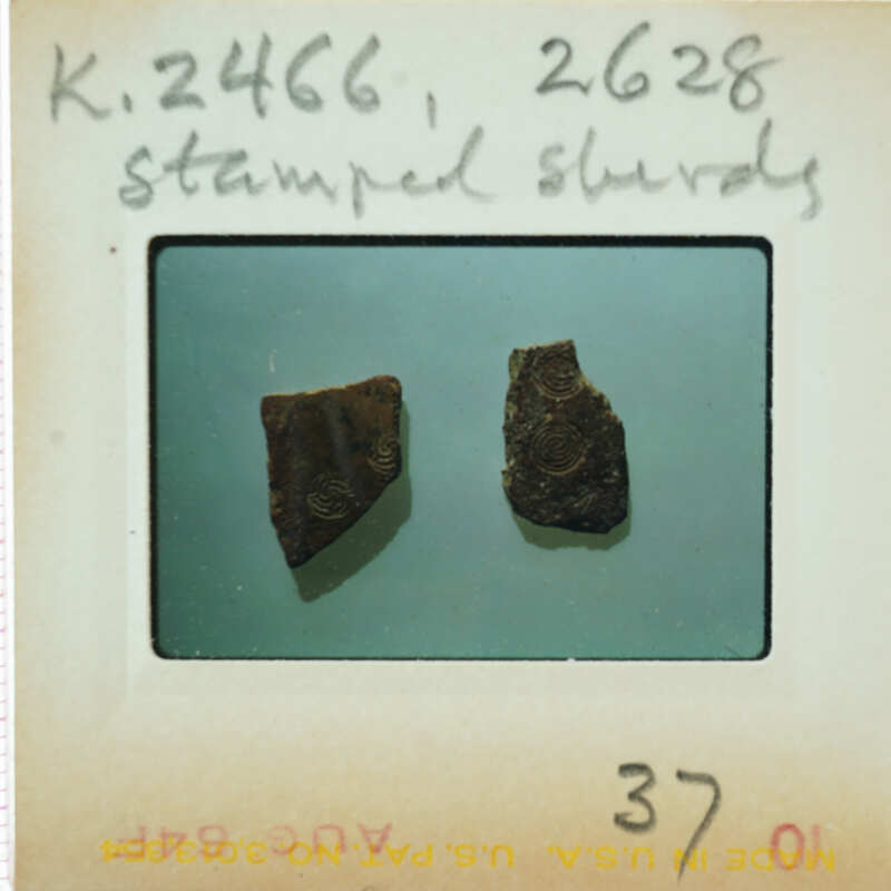 Two small, broken pieces of a brownish substance on a white surface with handwritten notes and stamps.