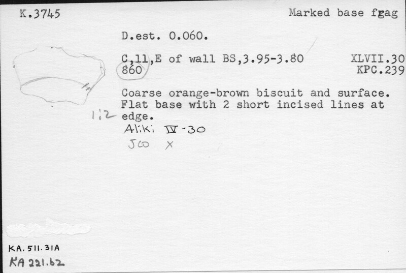Index card with typed and handwritten information, sometimes including a sketch, of pottery from an excavation.