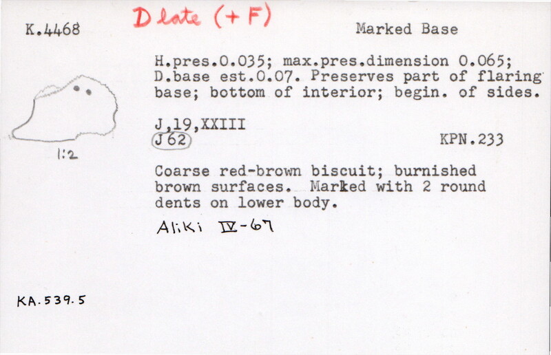 Index card with typed and handwritten information, sometimes including a sketch, of pottery from an excavation.