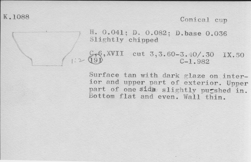 Index card with typed and handwritten information, sometimes including a sketch, of pottery from an excavation.