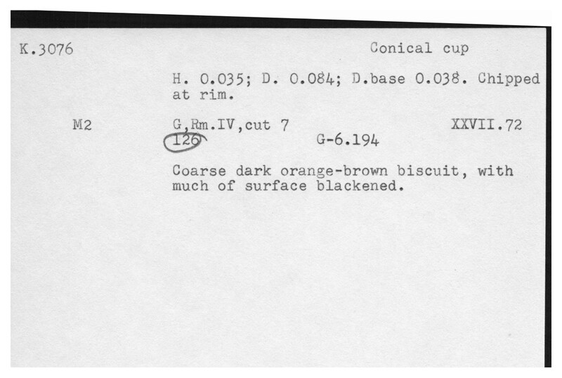 Index card with typed and handwritten information, sometimes including a sketch, of pottery from an excavation.