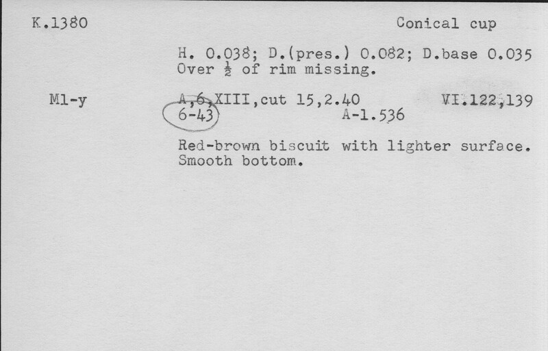 Index card with typed and handwritten information, sometimes including a sketch, of pottery from an excavation.