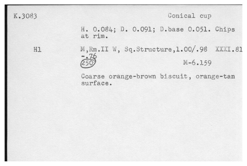Index card with typed and handwritten information, sometimes including a sketch, of pottery from an excavation.