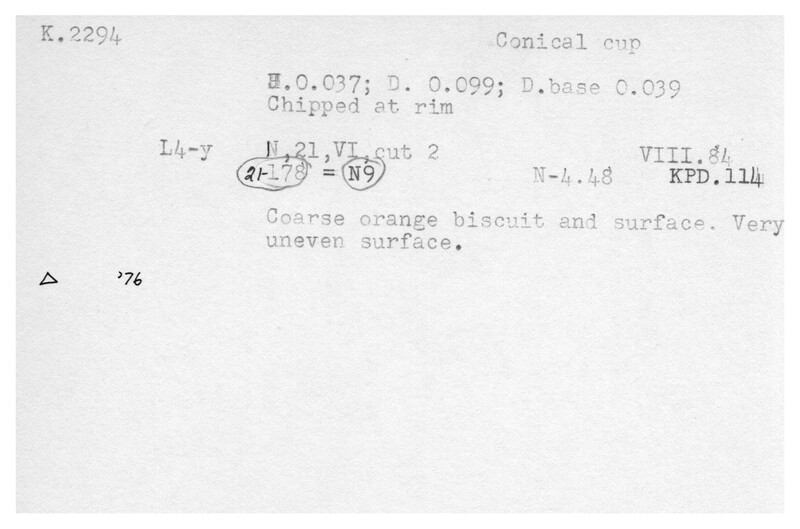 Index card with typed and handwritten information, sometimes including a sketch, of pottery from an excavation.