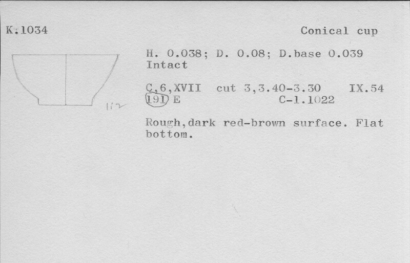 Index card with typed and handwritten information, sometimes including a sketch, of pottery from an excavation.