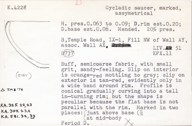 Index card with typed and handwritten information, sometimes including a sketch, of pottery from an excavation.