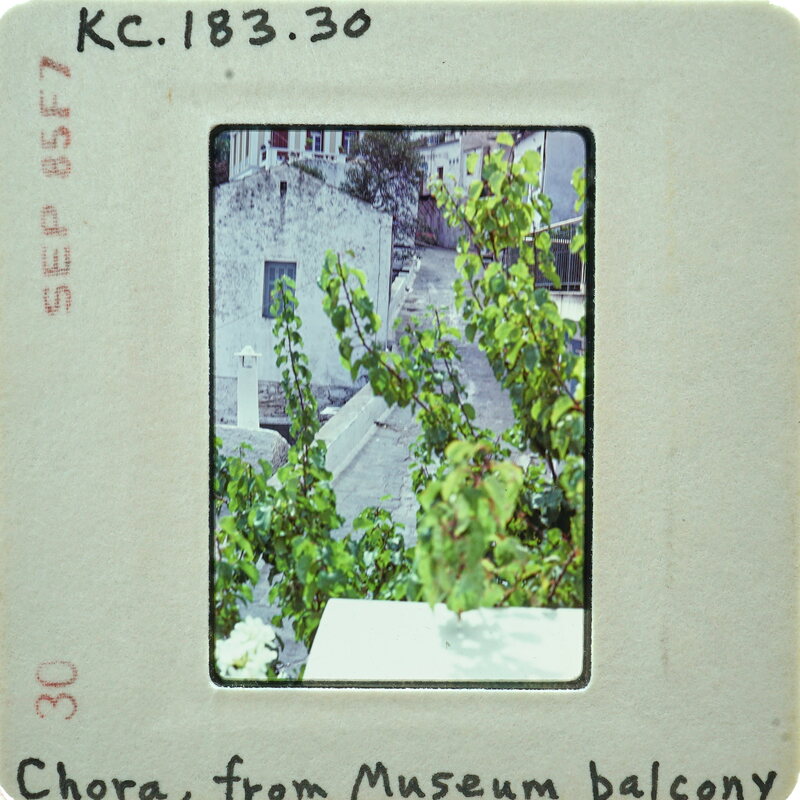 A vintage photograph of a balcony with plants and buildings in the background, enclosed within an old-fashioned photo frame.
