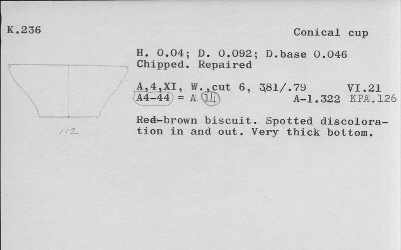 Index card with typed and handwritten information, sometimes including a sketch, of pottery from an excavation.