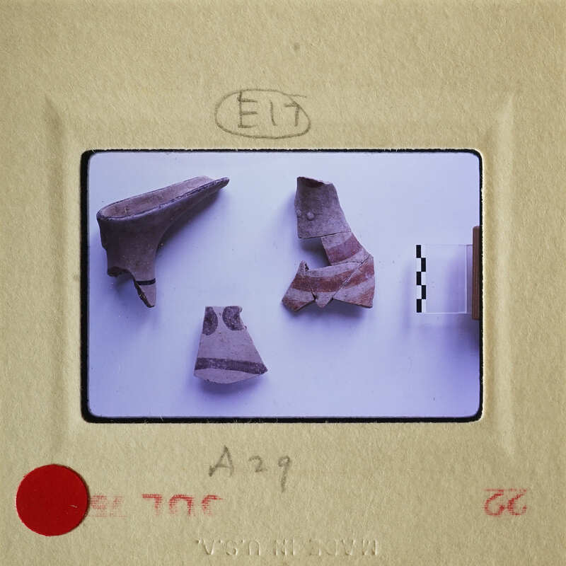 A collection of ancient pottery shards on display.