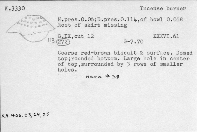 Index card with typed and handwritten information, sometimes including a sketch, of pottery from an excavation.