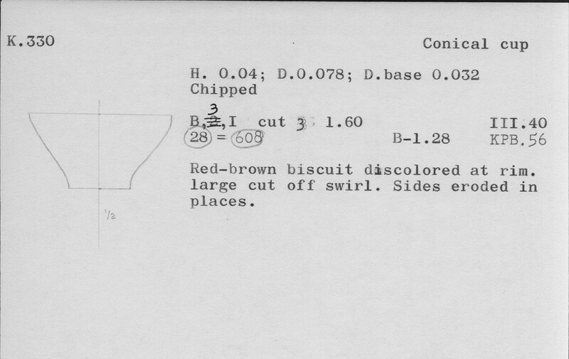 Index card with typed and handwritten information, sometimes including a sketch, of pottery from an excavation.