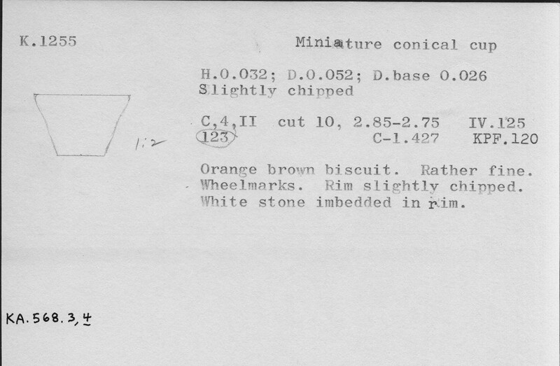 Index card with typed and handwritten information, sometimes including a sketch, of pottery from an excavation.