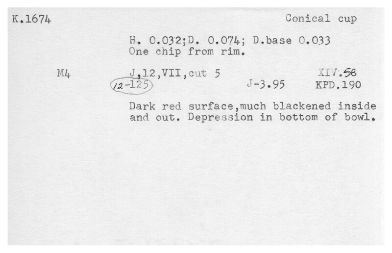 Index card with typed and handwritten information, sometimes including a sketch, of pottery from an excavation.