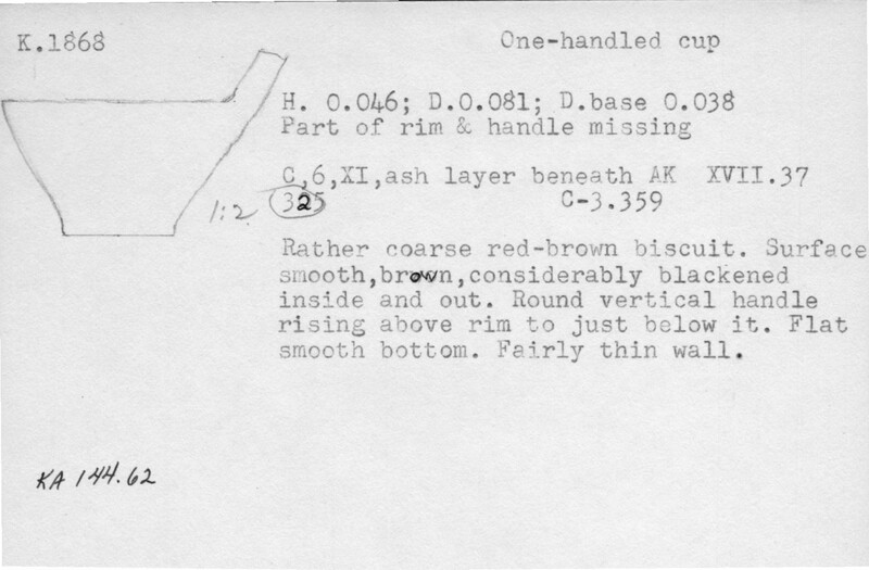Index card with typed and handwritten information, sometimes including a sketch, of pottery from an excavation.