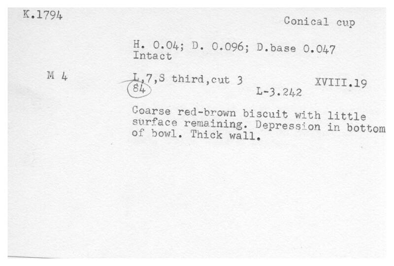 Index card with typed and handwritten information, sometimes including a sketch, of pottery from an excavation.