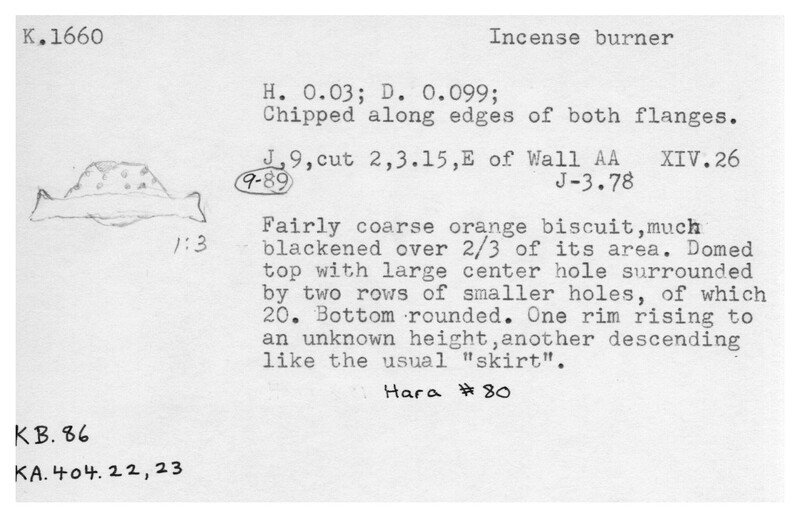 Index card with typed and handwritten information, sometimes including a sketch, of pottery from an excavation.