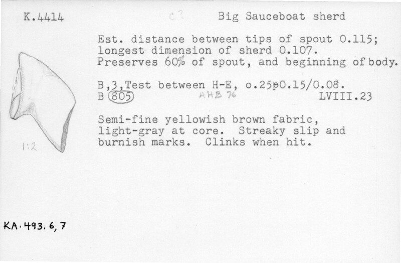 Index card with typed and handwritten information, sometimes including a sketch, of pottery from an excavation.