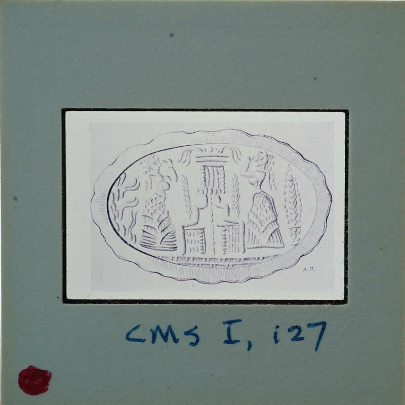An oval-shaped drawing containing a two female figures with trees and buildings.