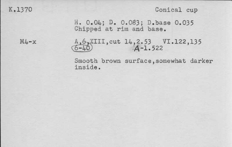 Index card with typed and handwritten information, sometimes including a sketch, of pottery from an excavation.