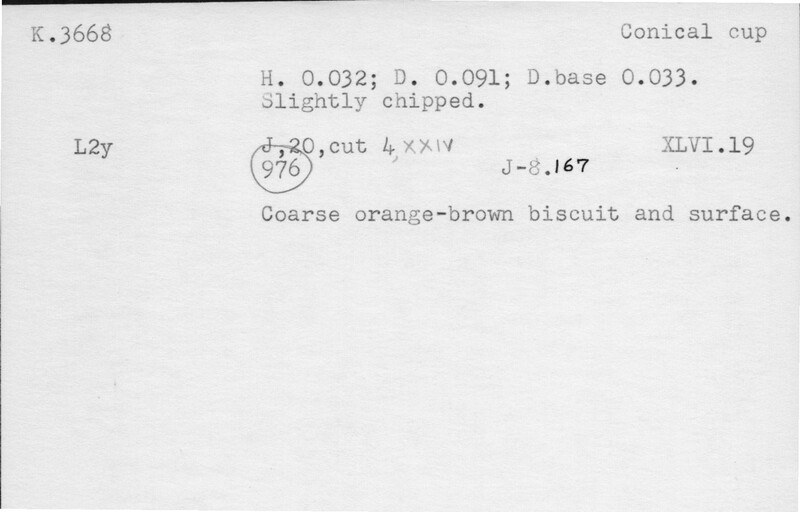 Index card with typed and handwritten information, sometimes including a sketch, of pottery from an excavation.