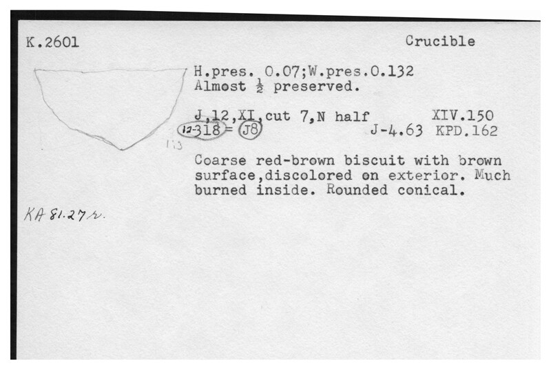 Index card with typed and handwritten information, sometimes including a sketch, of pottery from an excavation.