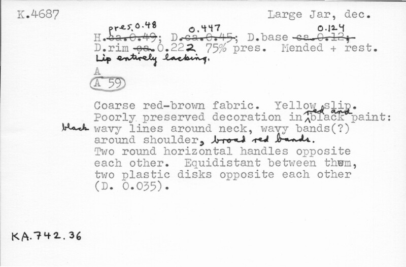 Index card with typed and handwritten information, sometimes including a sketch, of pottery from an excavation.
